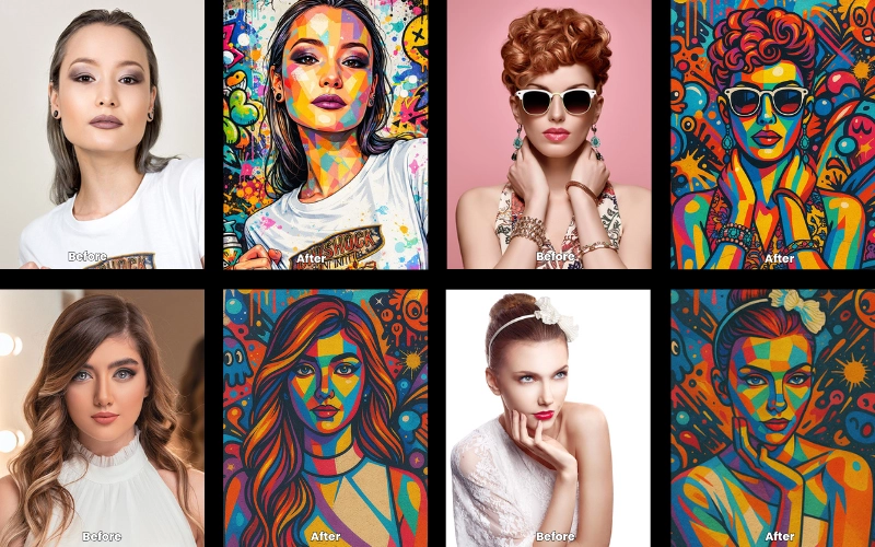 Collage of AI-edited photos created using the Graffiti Pop Expression prompt