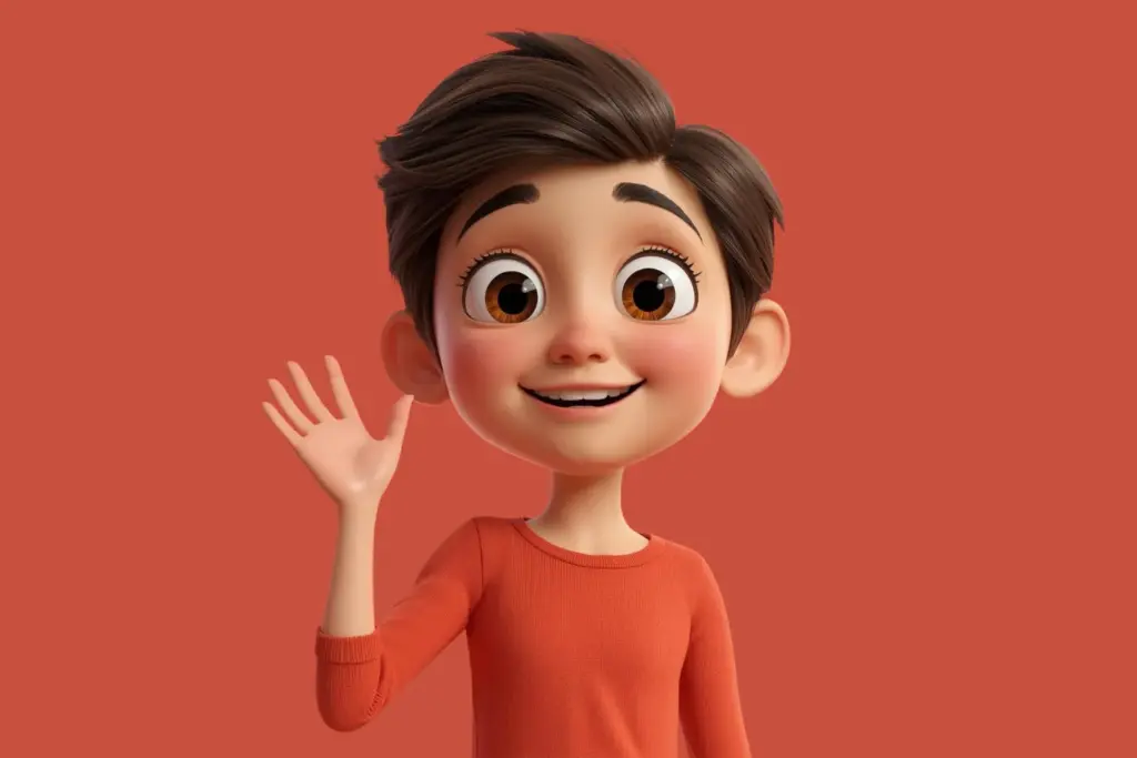 3D cartoon image of a boy with brown hair waving created using AI prompts included in the bundle