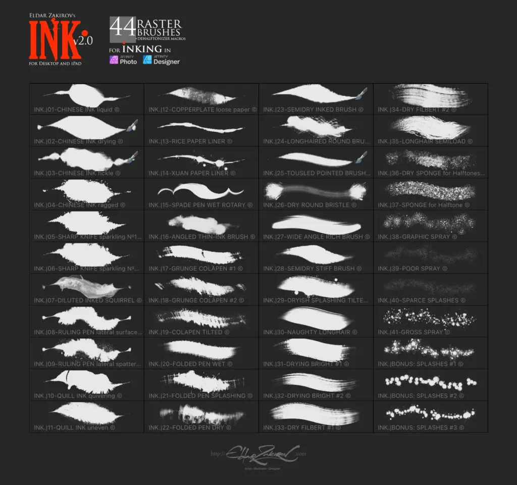 Grid of 44 raster brushes for Affinity, showcasing ink textures and stroke styles