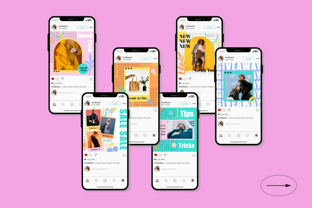 Six smartphones showing colorful fashion-themed Instagram posts from a brand account named OurBrand.