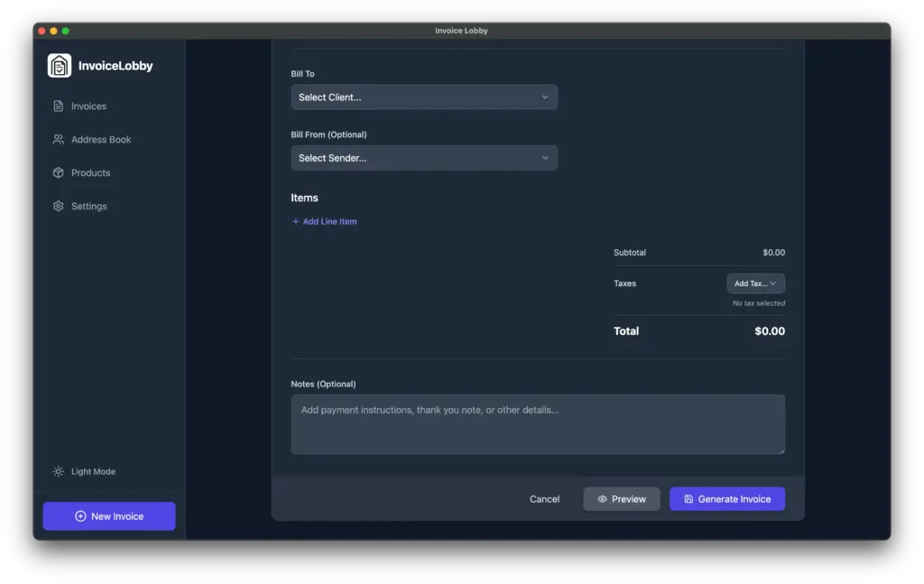 InvoiceLobby Bill Creation