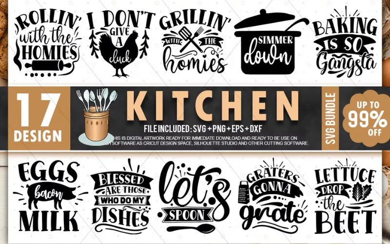 Collage of Kitchen SVG Designs included in the bundle