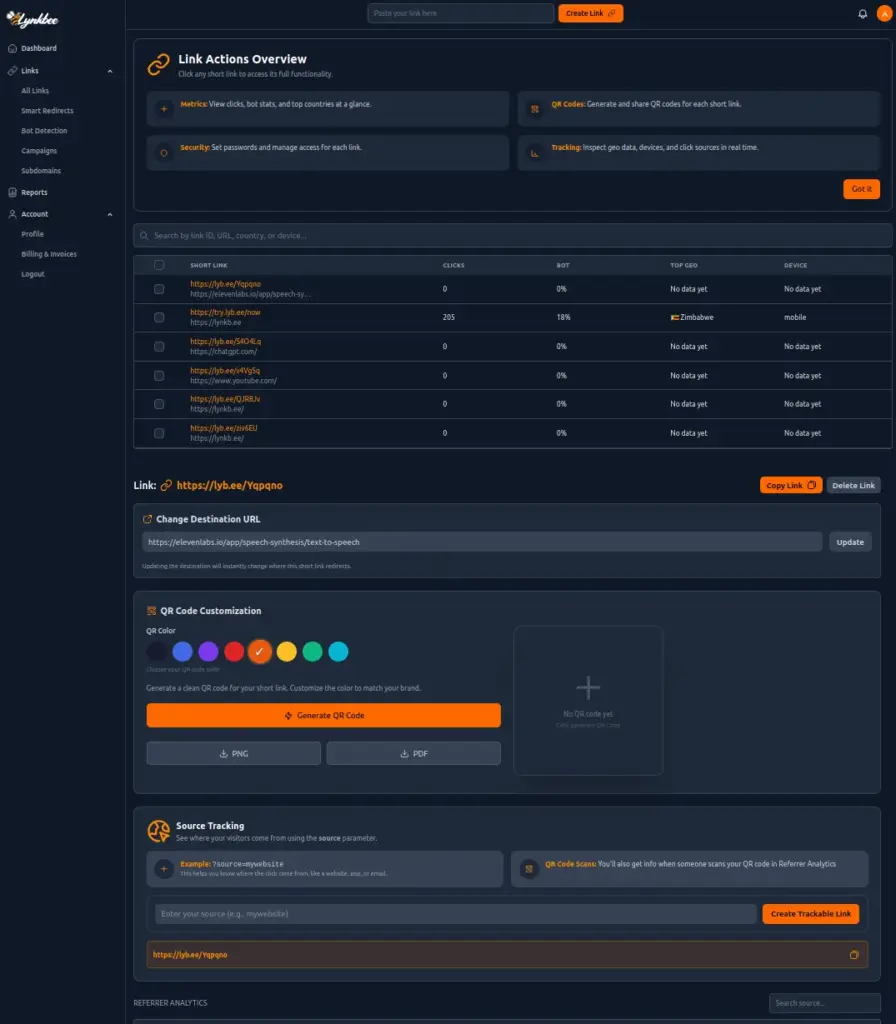 Link Actions Overview In Lynkbee Custom URL Shortener & Management Tool