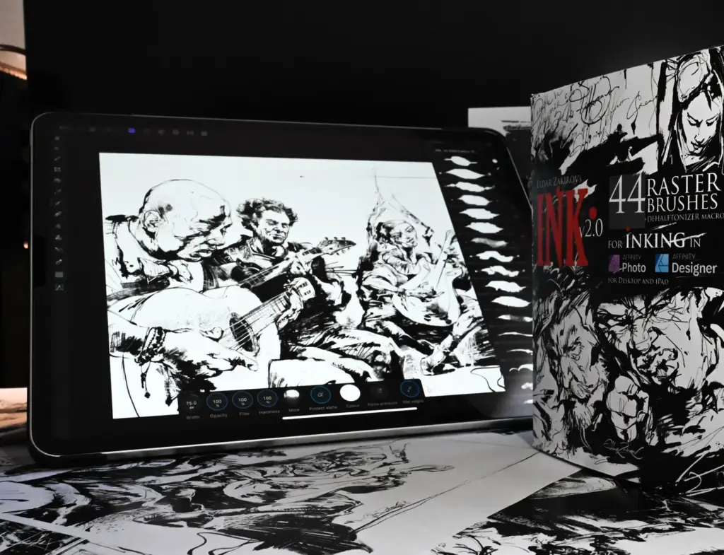 Artist drawing musicians on a tablet using digital ink brushes with visible UI settings