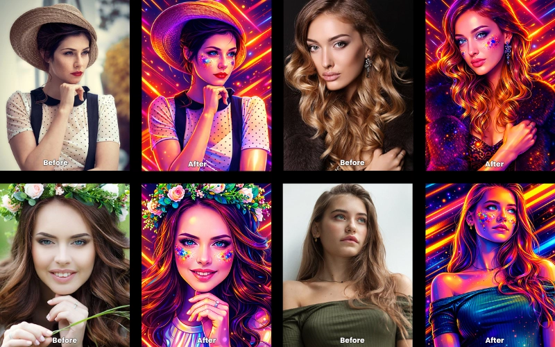 Collage of AI-edited photos created using the Neon Radiance prompt