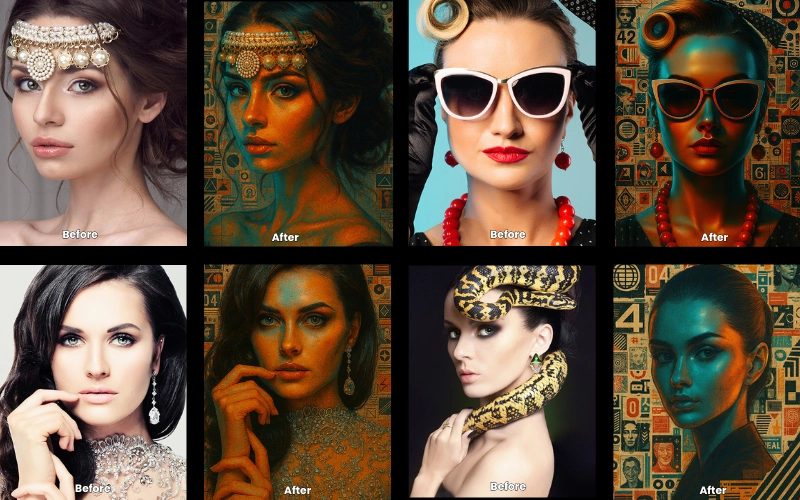 Collage of AI-edited photos created using the Retro Aesthetics prompt