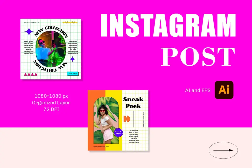 Sneak peek of the posts included in the retro neon Instagram product templates