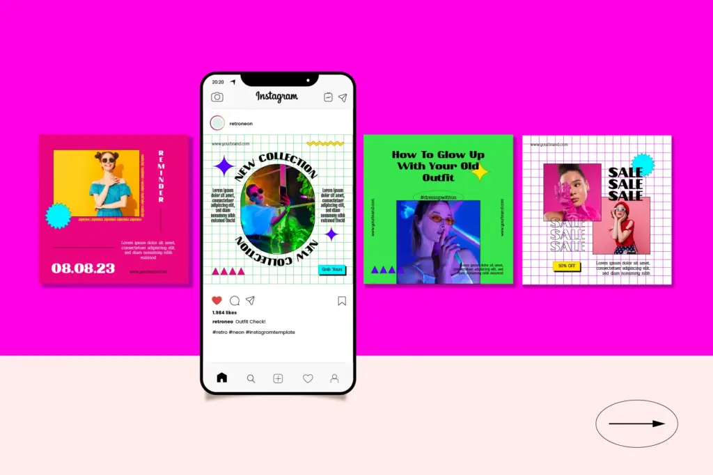 Mobile mockup preview of the retro neon Instagram product templates