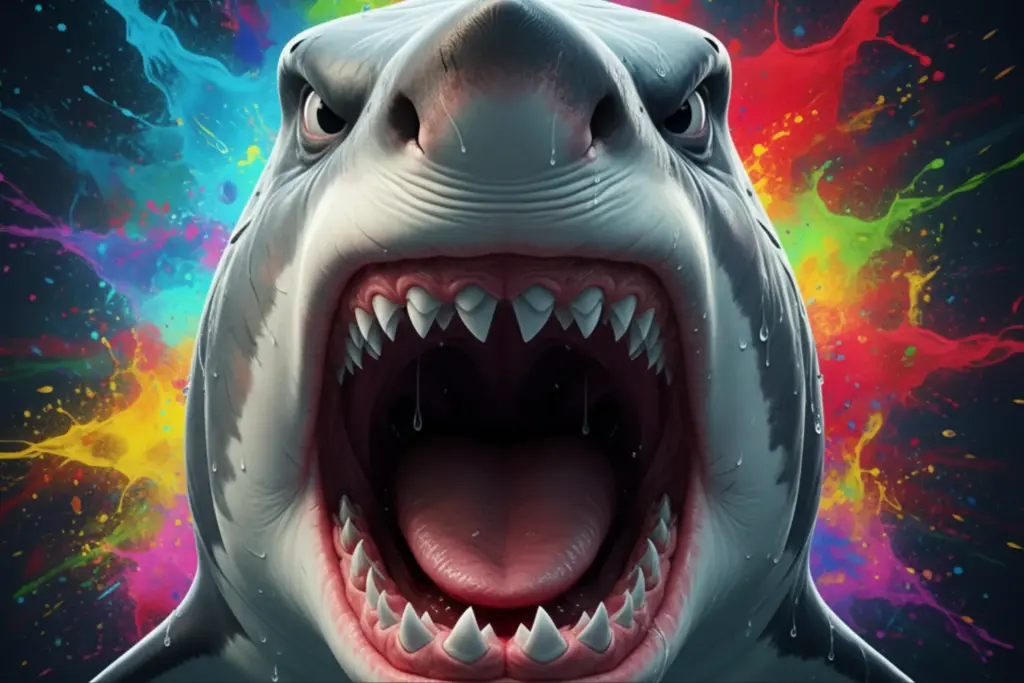 Caricature of a shark with an open mouth created using the AI-generated caricature prompts.