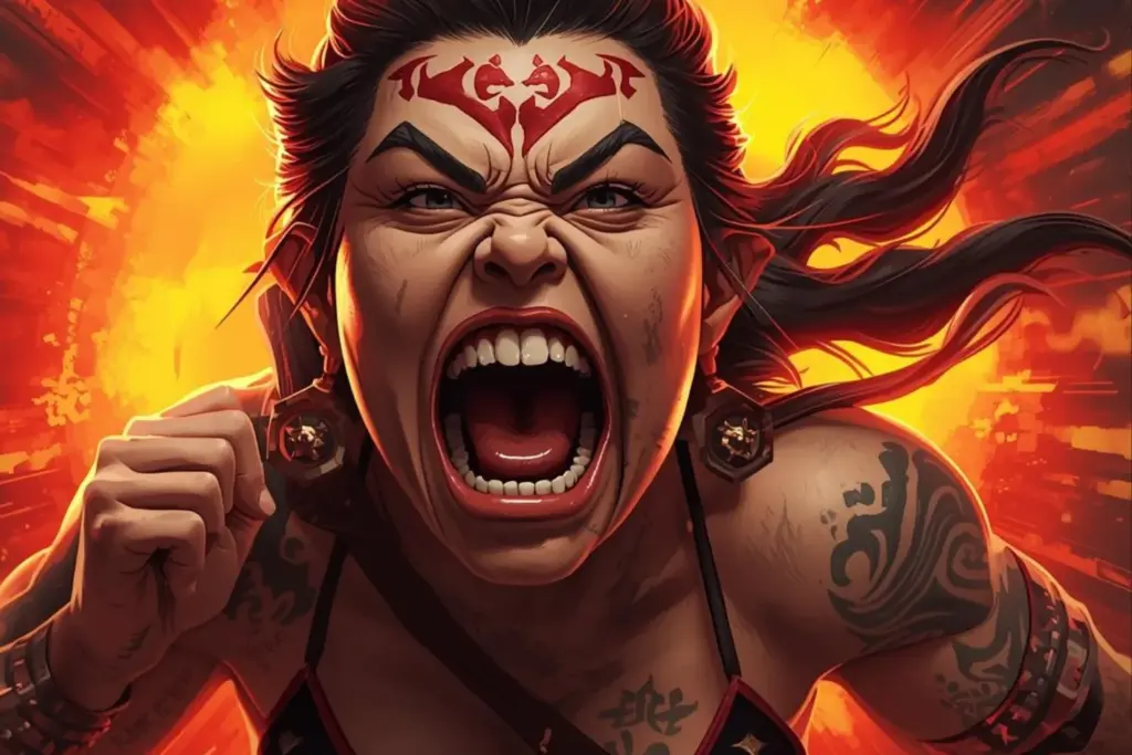 Caricature of an angry tattooed woman shouting created using the AI-generated caricature prompts.