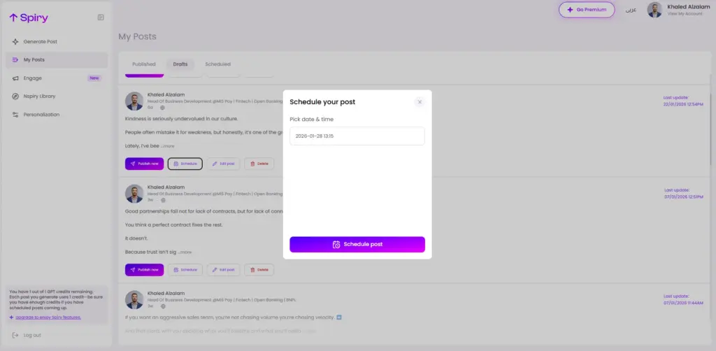 Post Scheduling Feature Available In Spiry AI LinkedIn Automation Software