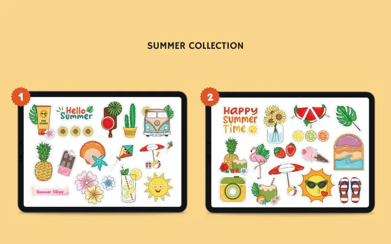 Playful summer stickers with pineapples, beach balls, and phrases like “Hello Summer.”