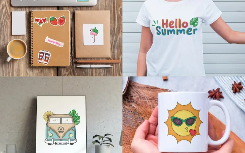 Summer-themed designs on mugs, shirts, prints, and stationery with sunshine and fruit