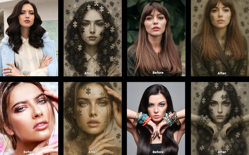 Collage of AI-edited photos created using The Black and White Puzzle prompt