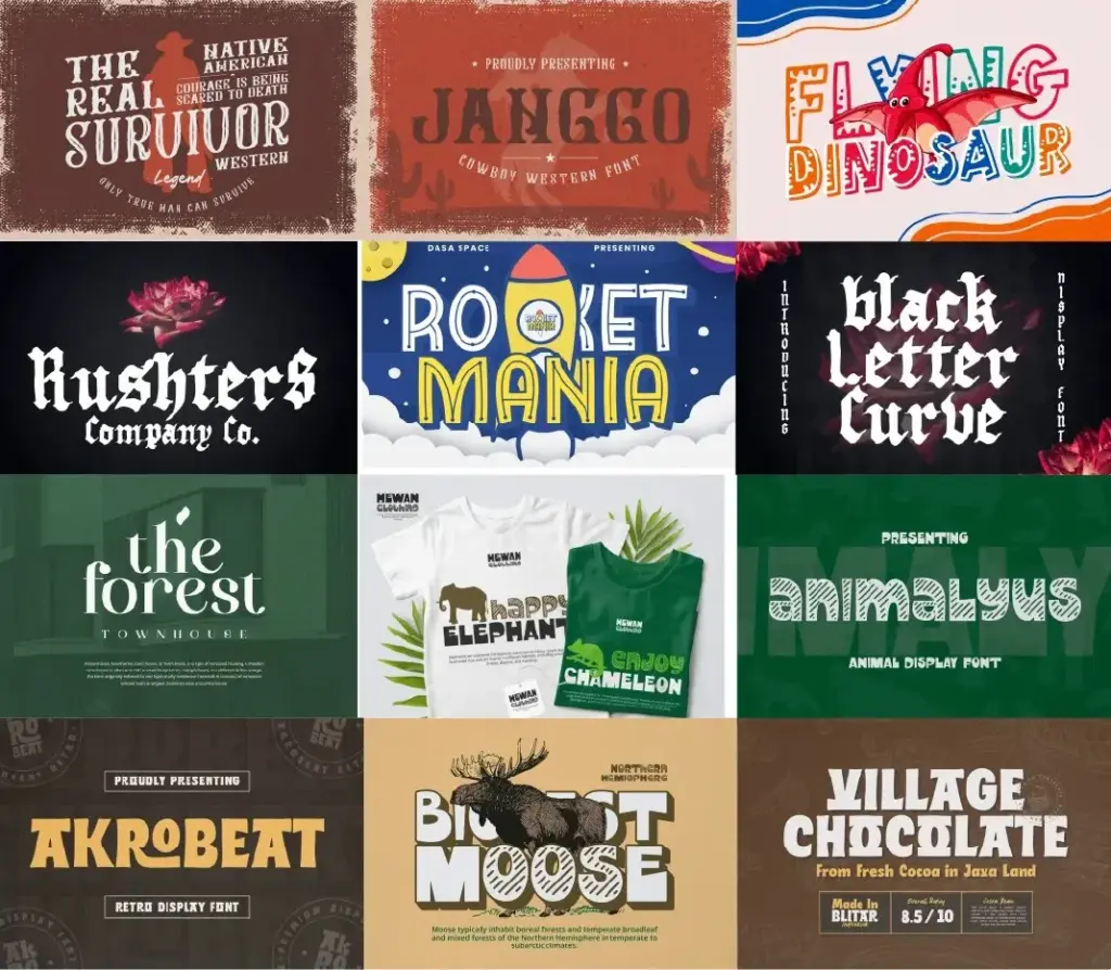 Twelve fonts with cowboy, animal, retro, and nature themes, styled included in this Ultimate Fonts Collection