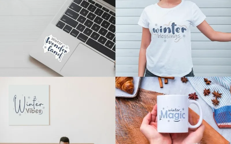 Winter quotes and snowflake designs on mugs, shirts, prints, and laptop stickers