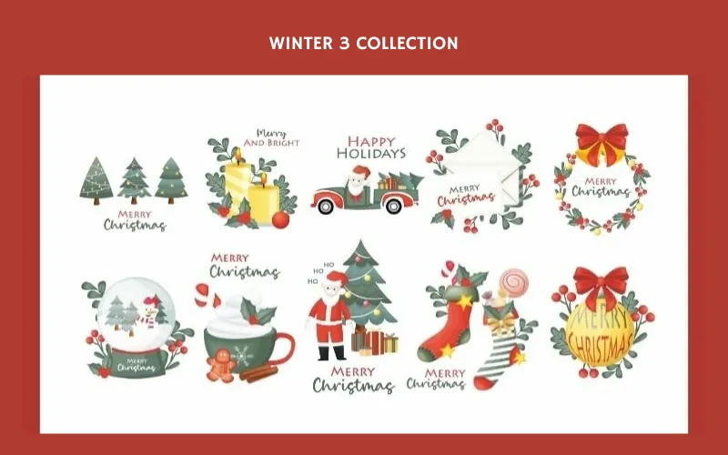 Festive Christmas graphics with Santa, trees, and phrases like “Merry Christmas"