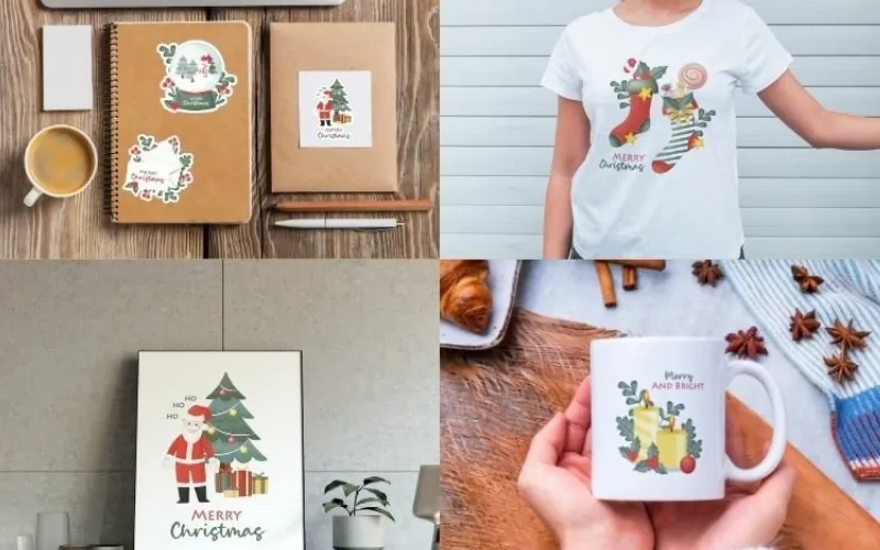 Christmas-themed designs on mugs, shirts, prints, and stationery with holiday icons