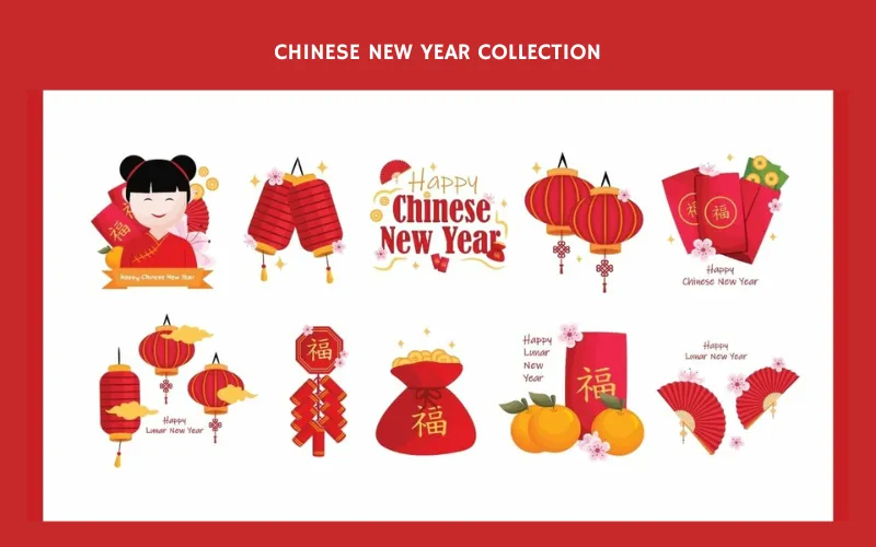 Traditional symbols like red envelopes, lanterns, and firecrackers