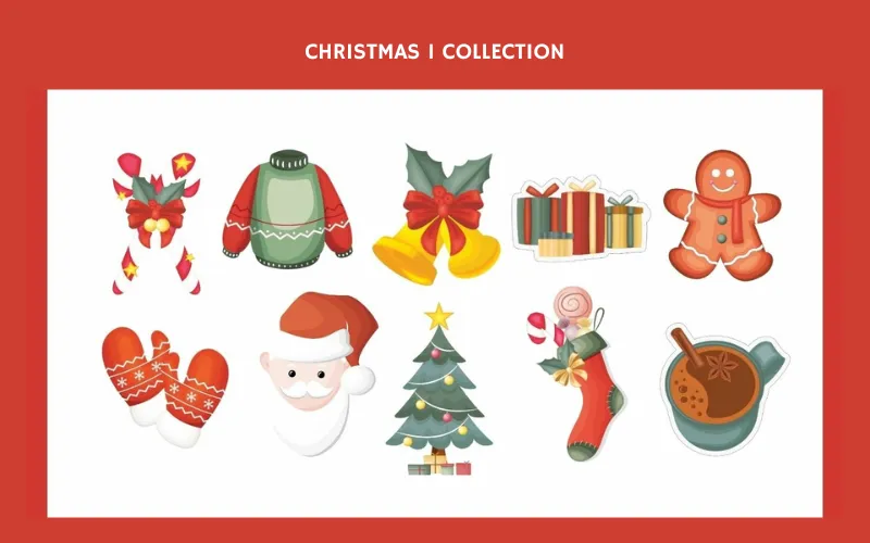 Classic Christmas icons like Santa, tree, gifts, and candy canes