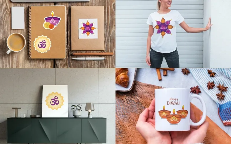 Diwali-themed graphics on mugs, shirts, prints, and stationery