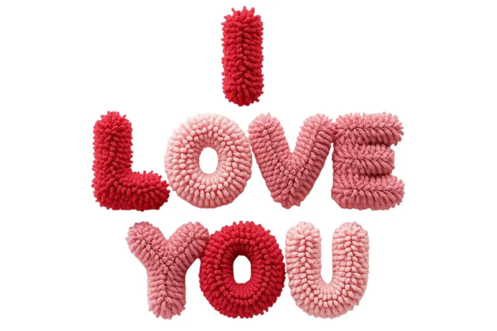 Knitted yarn-style letters spelling I LOVE YOU in red and pink, arranged horizontally, crafted from cozy yarn prompt.