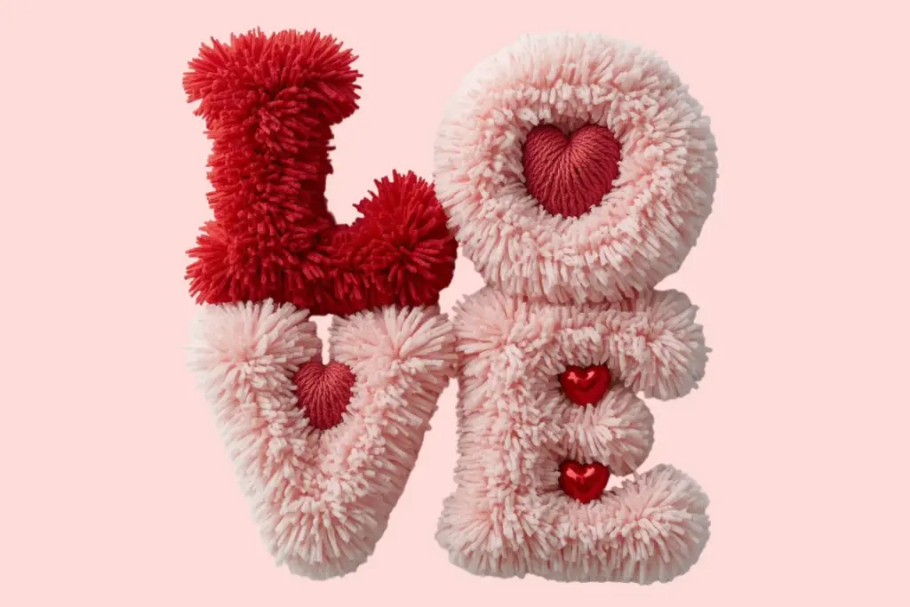 LOVE spelled in plush yarn letters, red and pink, with heart accents inside O, V, and E, created from a tufted yarn digital input.