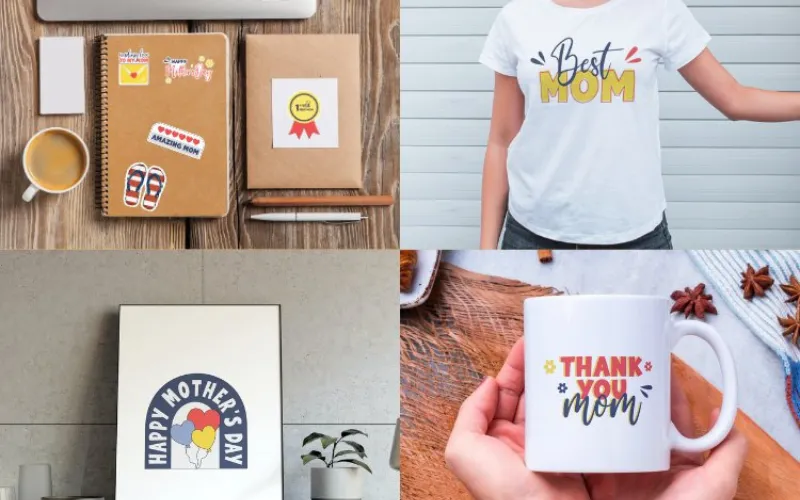 Mother's Day messages on mugs, shirts, prints, and stationery