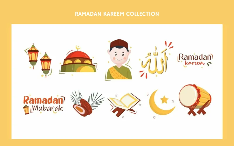 Ramadan icons like lanterns, mosque, Quran, and crescent moon with festive greetings