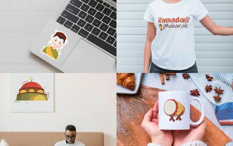 Ramadan-themed designs on mugs, shirts, prints, and laptop stickers