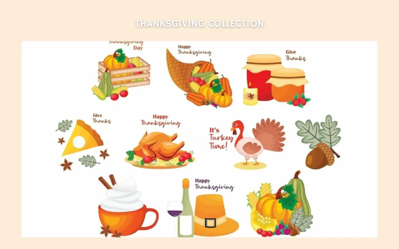 Traditional Thanksgiving icons like turkey, pie, cornucopia, and harvest foods