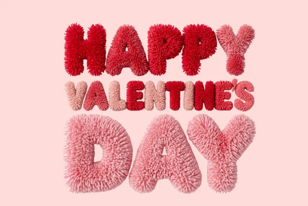Three-line HAPPY VALENTINE’S DAY message in plush yarn letters, red and pink shades, festive and cozy, styled from a Valentine’s Day tufted yarn prompt.