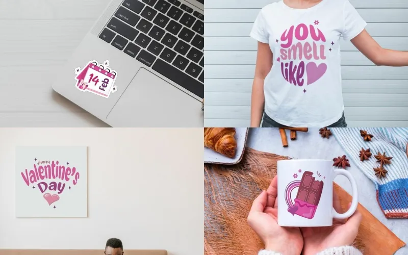 Valentine’s Day designs on mugs, shirts, prints, and laptop stickers.