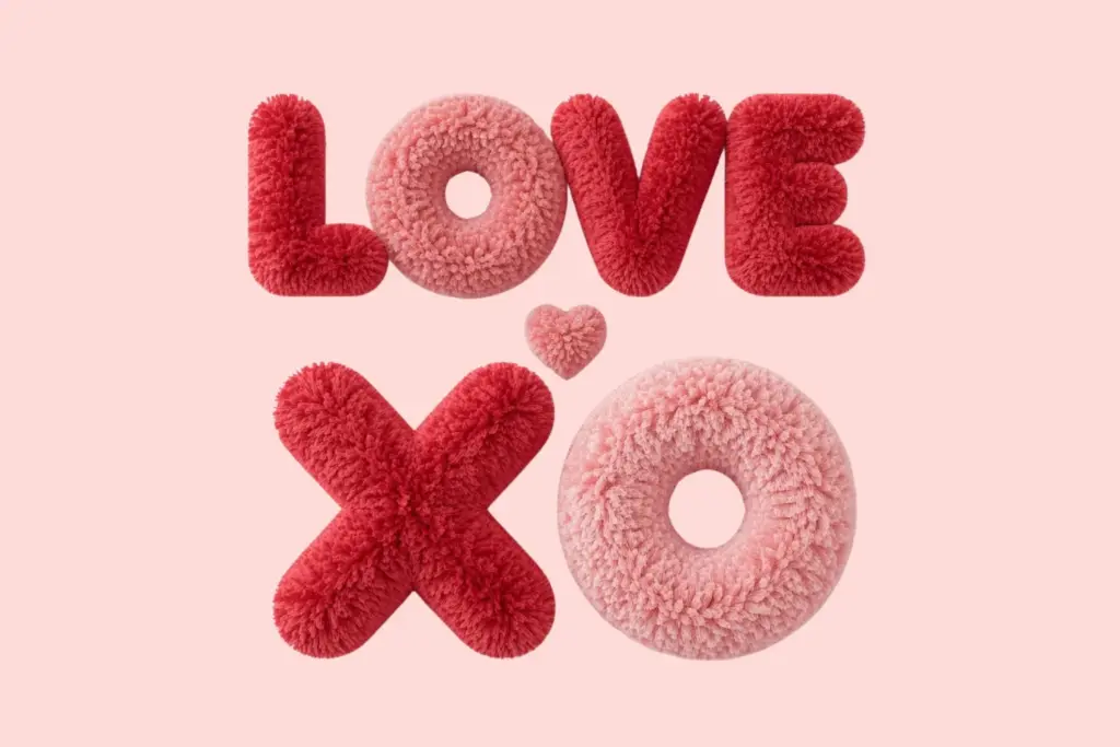 LOVE in fluffy yarn letters above XO with a centered heart, designed in red and pink textures, using the prompt