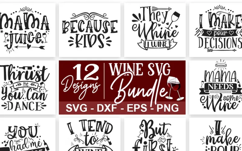 Collage of 12 Wine SVG design included in the bundle