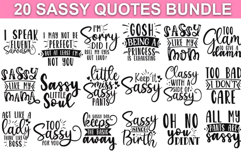 Collage of 20 Sassy Quote SVG design included in the bundle