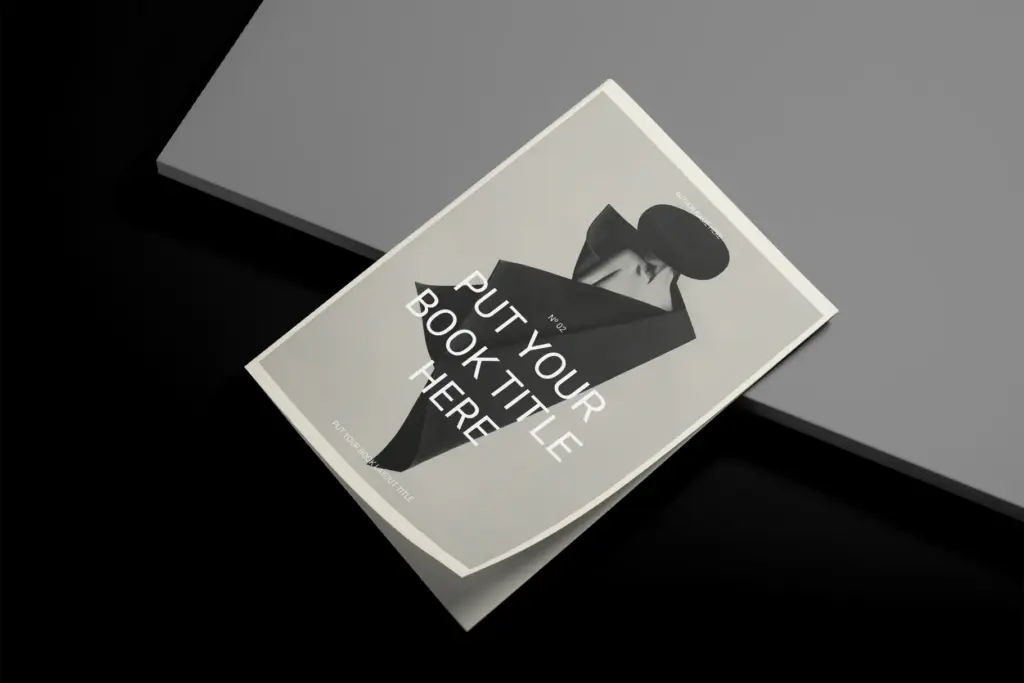 Close-up mockup of a book layout template showing a single page with a three-column grid and clean typography.