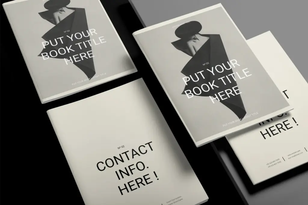 Mockup of a book layout template showing the front cover and back contact info page.