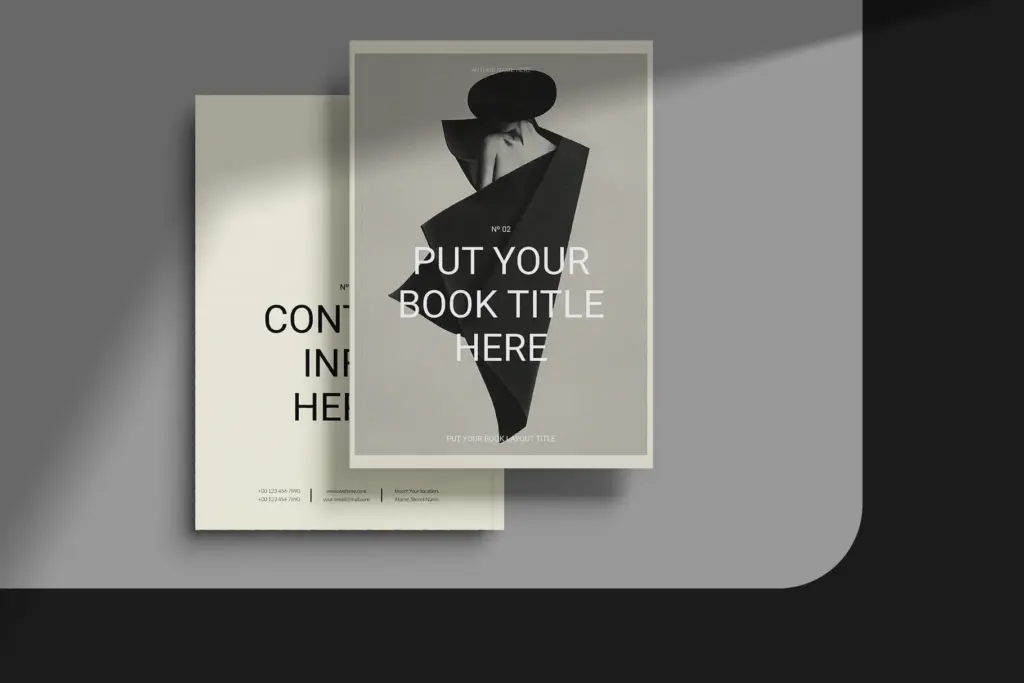 Front and back cover designs for a book layout template presented in a clean, professional mockup.