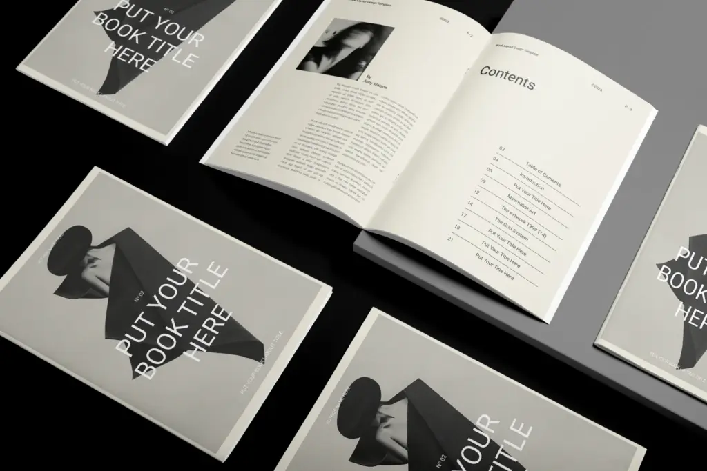 A perspective view of an open book layout template showing a table of contents and a title page template.