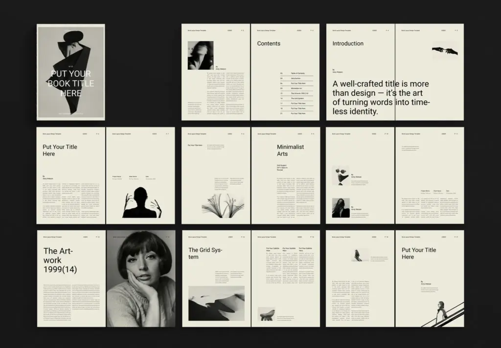 Full set of book page templates and a title page template showcasing a cohesive minimalist aesthetic.