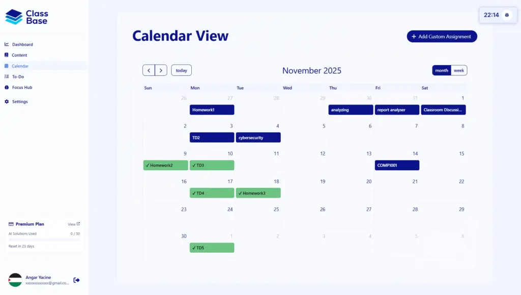 ClassBase Calendar Screen