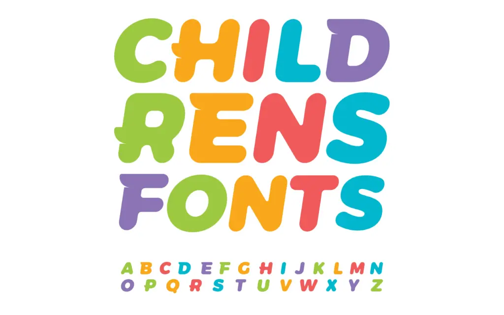 Textual display of "Childrens font" included in the kids fonts bundle and the letters written using it.