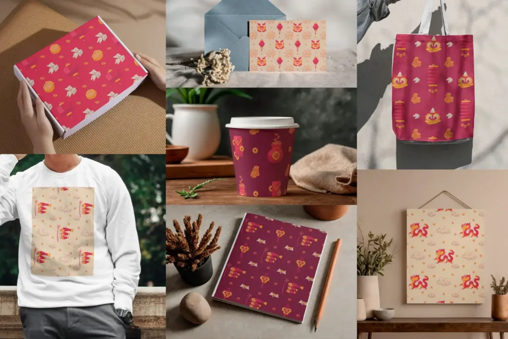 Various lifestyle mockups demonstrating chinese pattern designs on apparel, tote bags, and stationery.