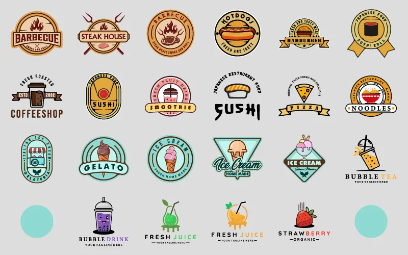 Colorful food beverages logos collection