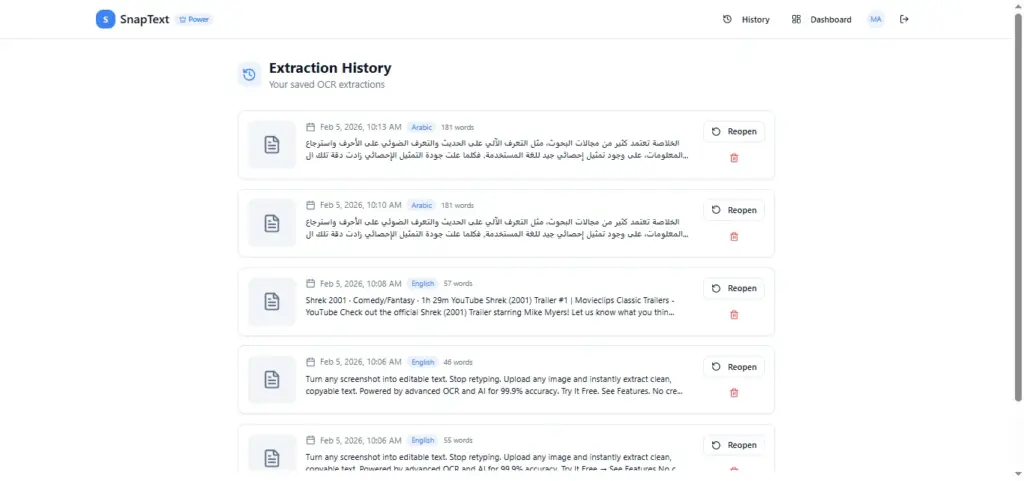 Extraction History of SnapText Image To Text Converter