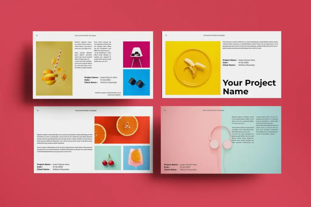 Portfolio Presentation slides with orange, banana, cherries, & headphones.