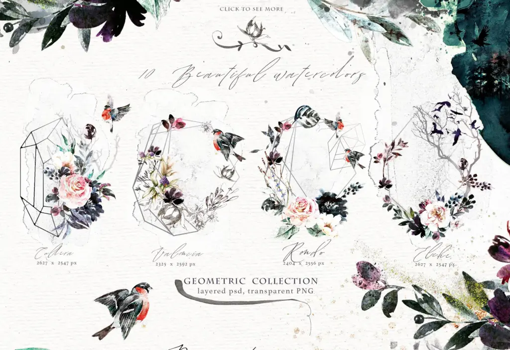 Elegant geometric floral compositions feature in the Whimsical watercolor illustrations bundle