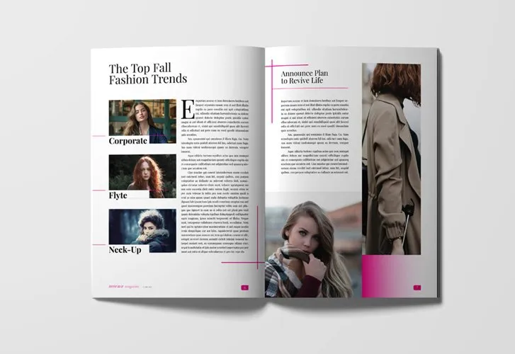 High-fashion spread with pink accents and multi-column text from the Editorial Magazine Templates bundle.