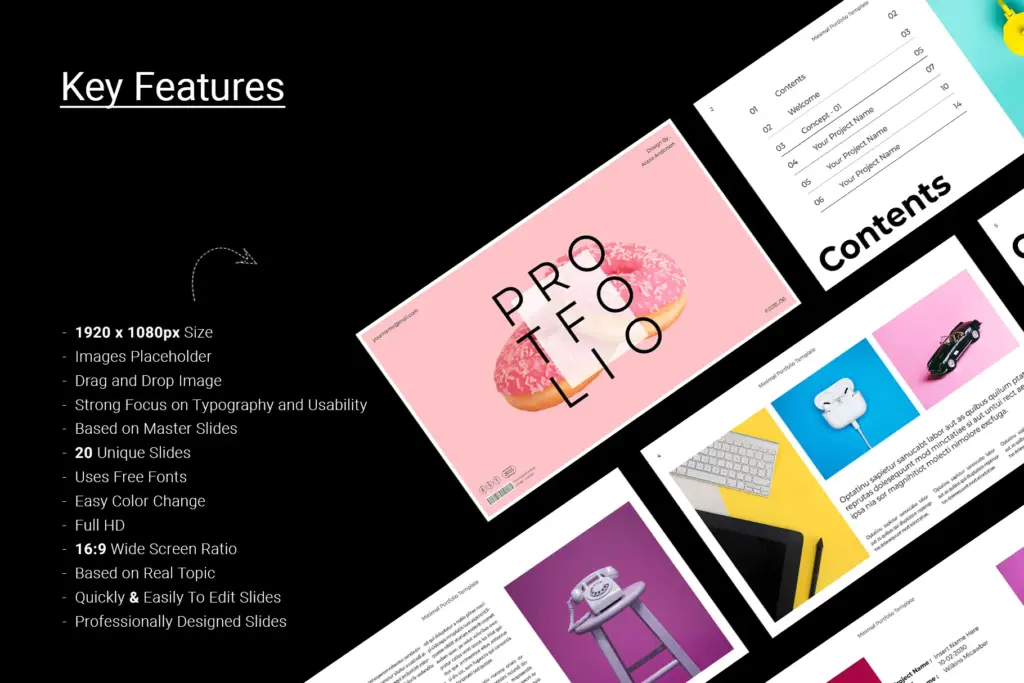 Promotional portfolio presentation template with donut cover and feature list.